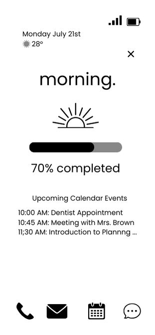 Linear Clock app in light mode showing a morning timeline at 70% completed with upcoming calendar events