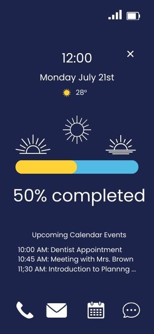 Linear Clock app showing midday progress at 50% completed with upcoming calendar events
